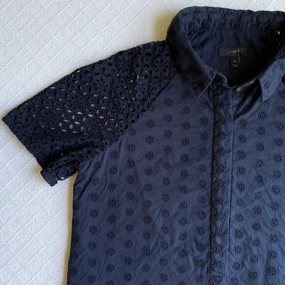 J. Crew Navy Eyelet Shirt Dress Short Sleeve Collar Button Placket Size 4 Preppy - Picture 5 of 9